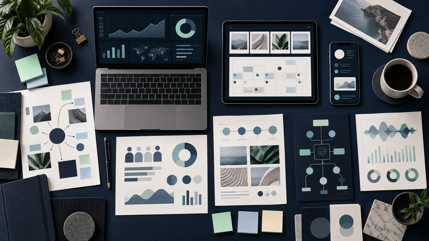 نماذج بصرية لاستراتيجيات ولوحات بيانات وتقويمات تحريرية ومخططات منتجات رقمية